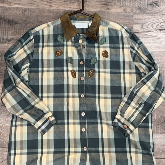 Lemon grass FALL LEAVES autumn thanksgivjng plaid SHIRT leather collar size 20 - Picture 16 of 16